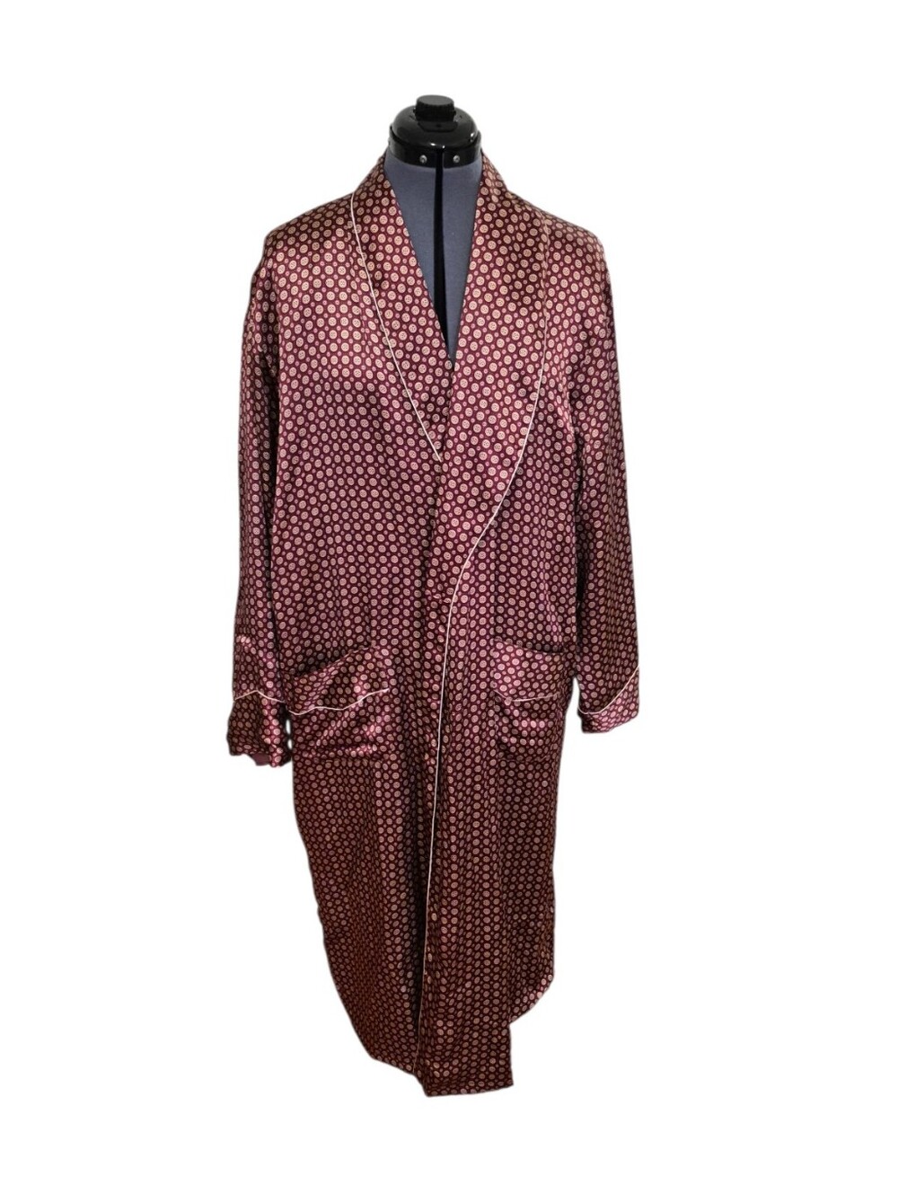 Vintage 100% Mulberry Silk Satin Robe | Burgundy Geometric Print | Size XXL